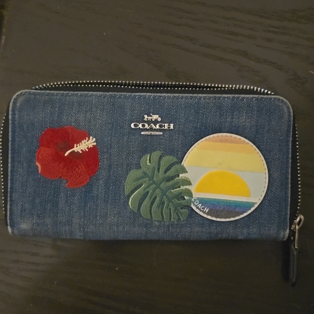 Coach Denim Wallet with Red and Green Embroidery